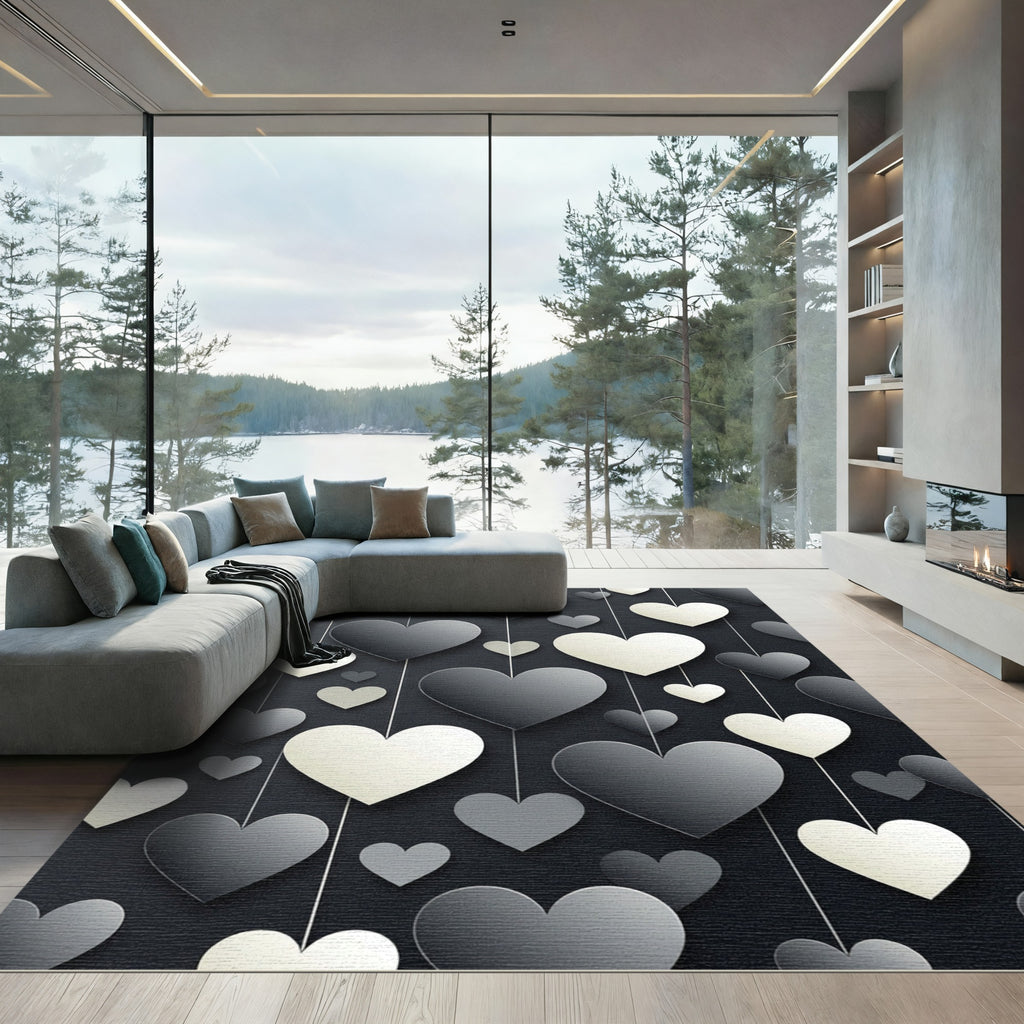 Modern Monochrome Hanging Heart Composition Rug