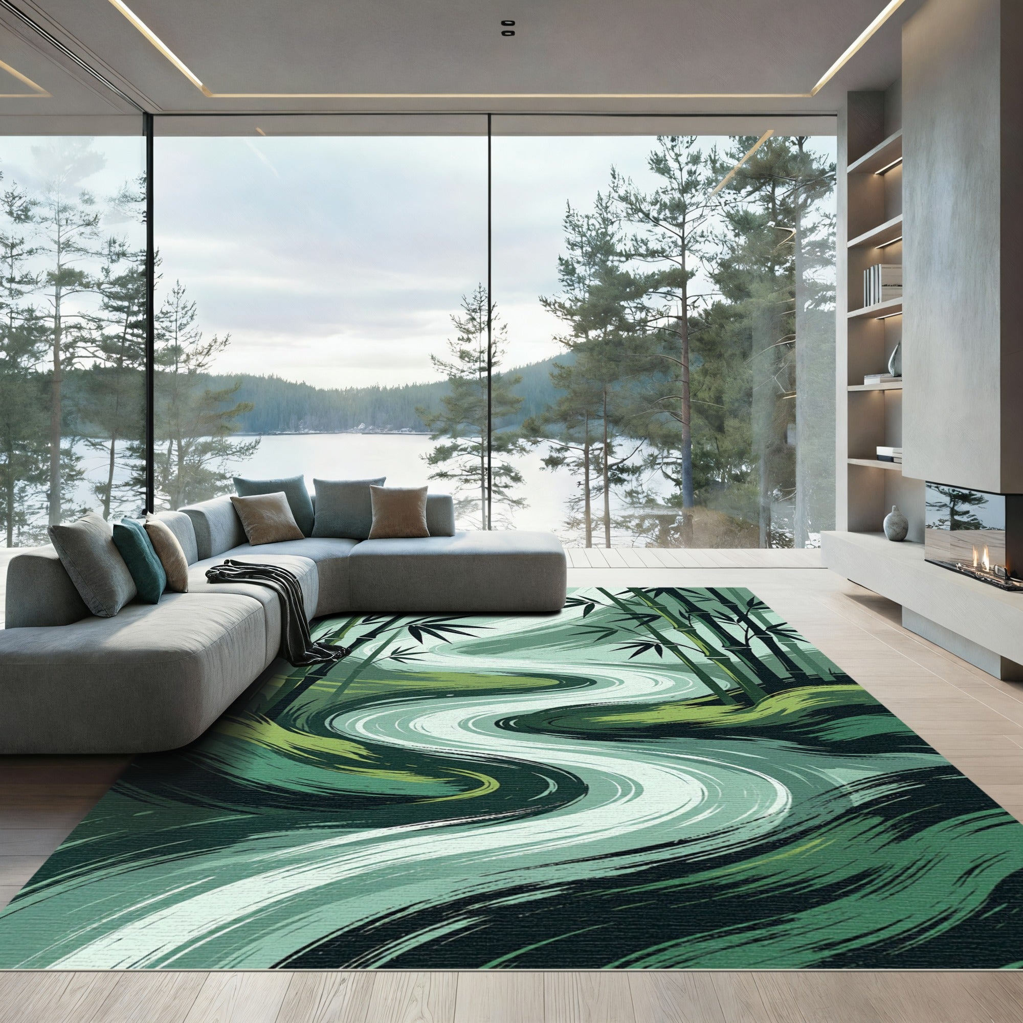Serene Verdant Bamboo Winding River Rug