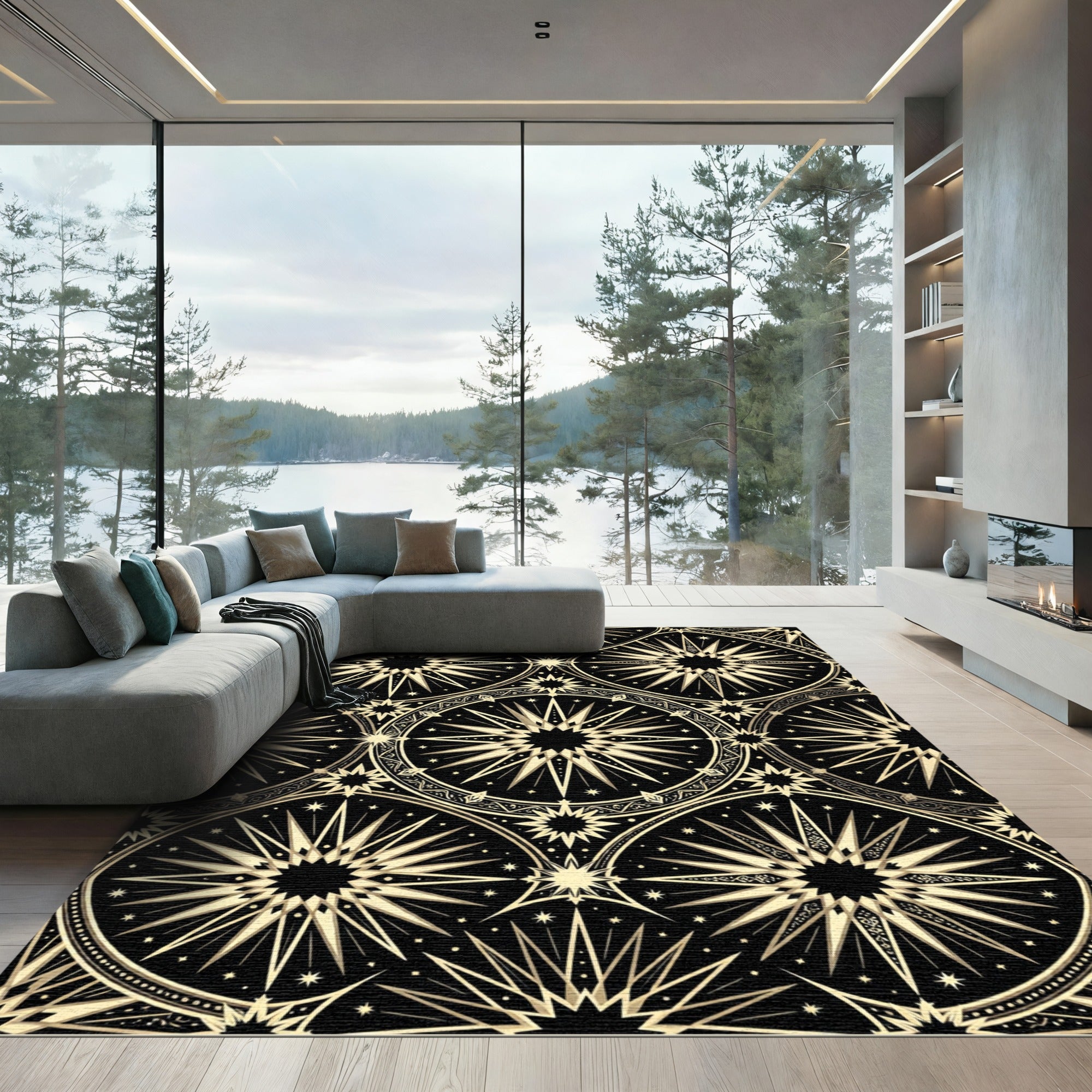 Celestial Gold Starry Geometric Black Rug