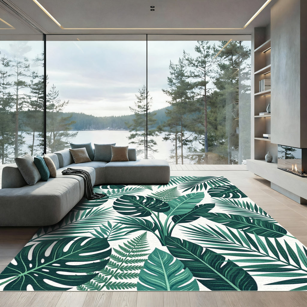 Deep Green Tropical Leaf Collage Rug