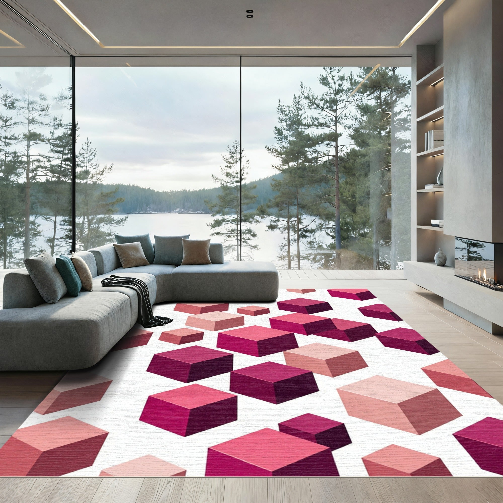 Pink Graduated Isometric Cubes Rug