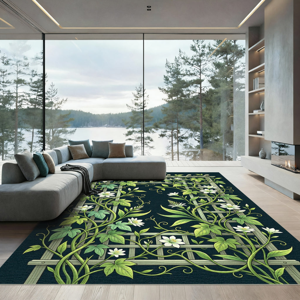 Green Vine Trellis White Floral Rug
