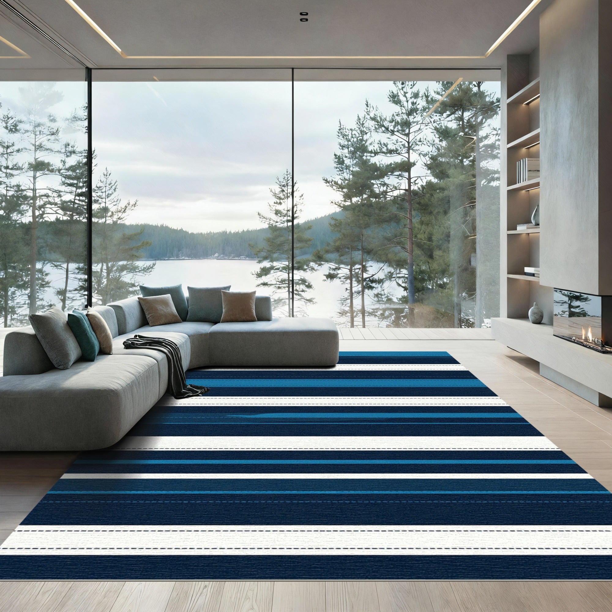 Coastal Navy Blue Linear Stripe Rug