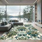 Cream and Teal Floral Ribbon Arrangement Rug