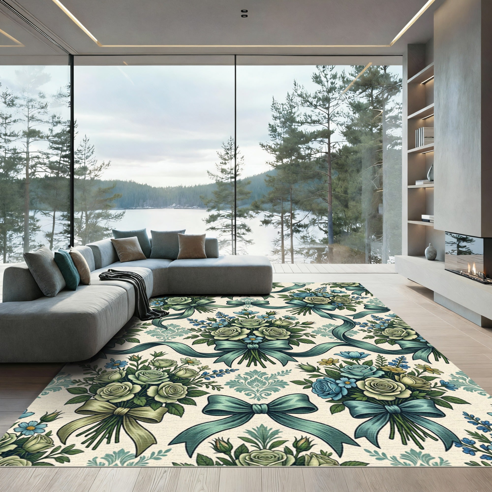 Cream and Teal Floral Ribbon Arrangement Rug