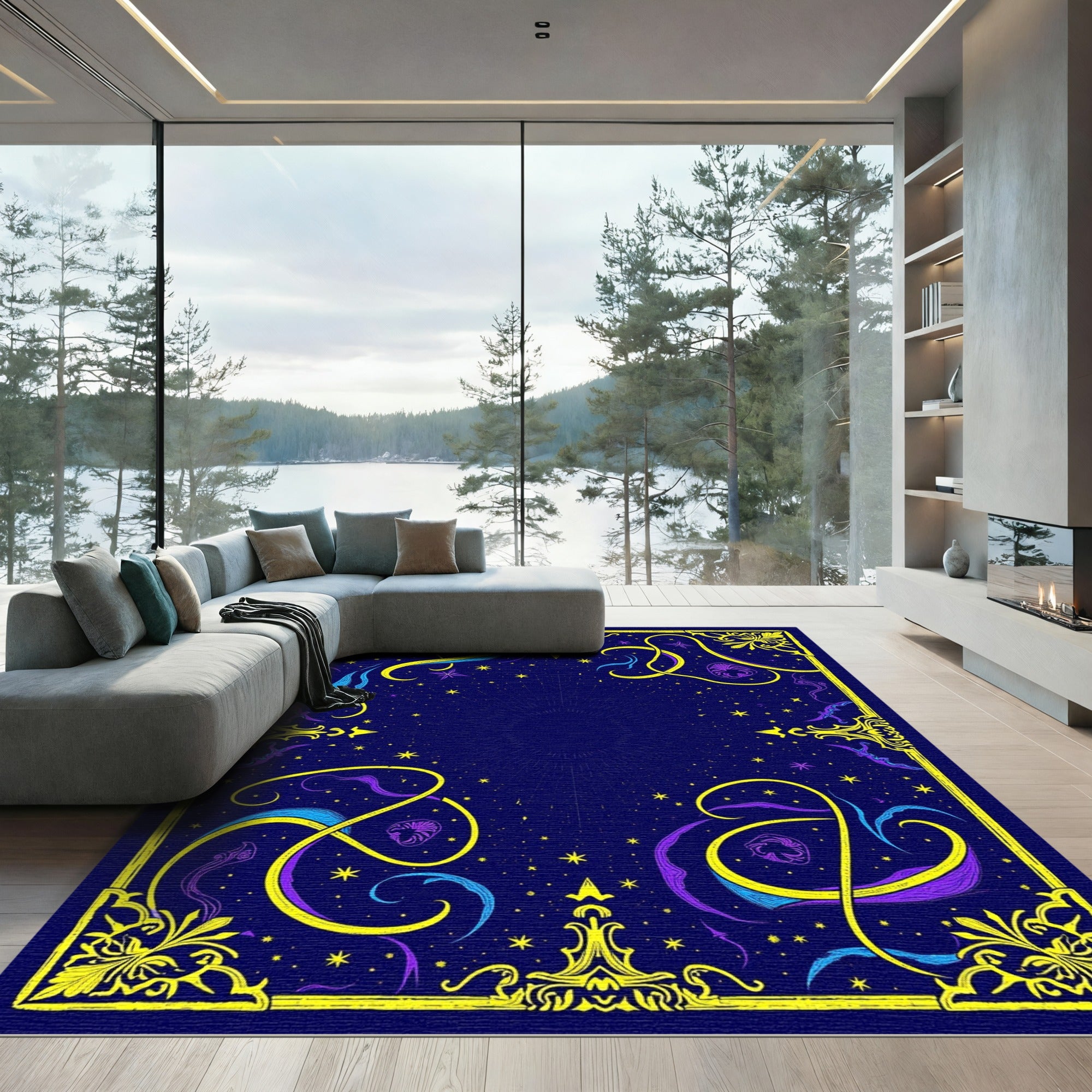 Cosmic Indigo Starry Celestial Swirl Rug
