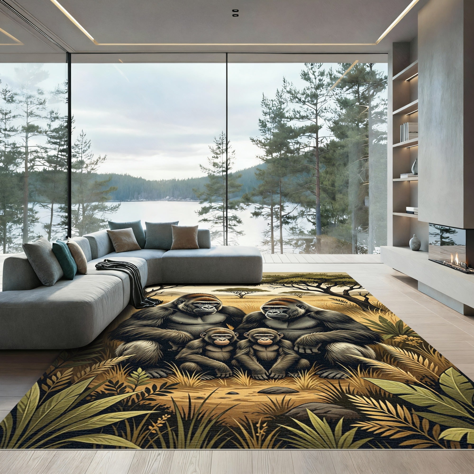 Earthy Serengeti Gorilla Family Portrait Rug