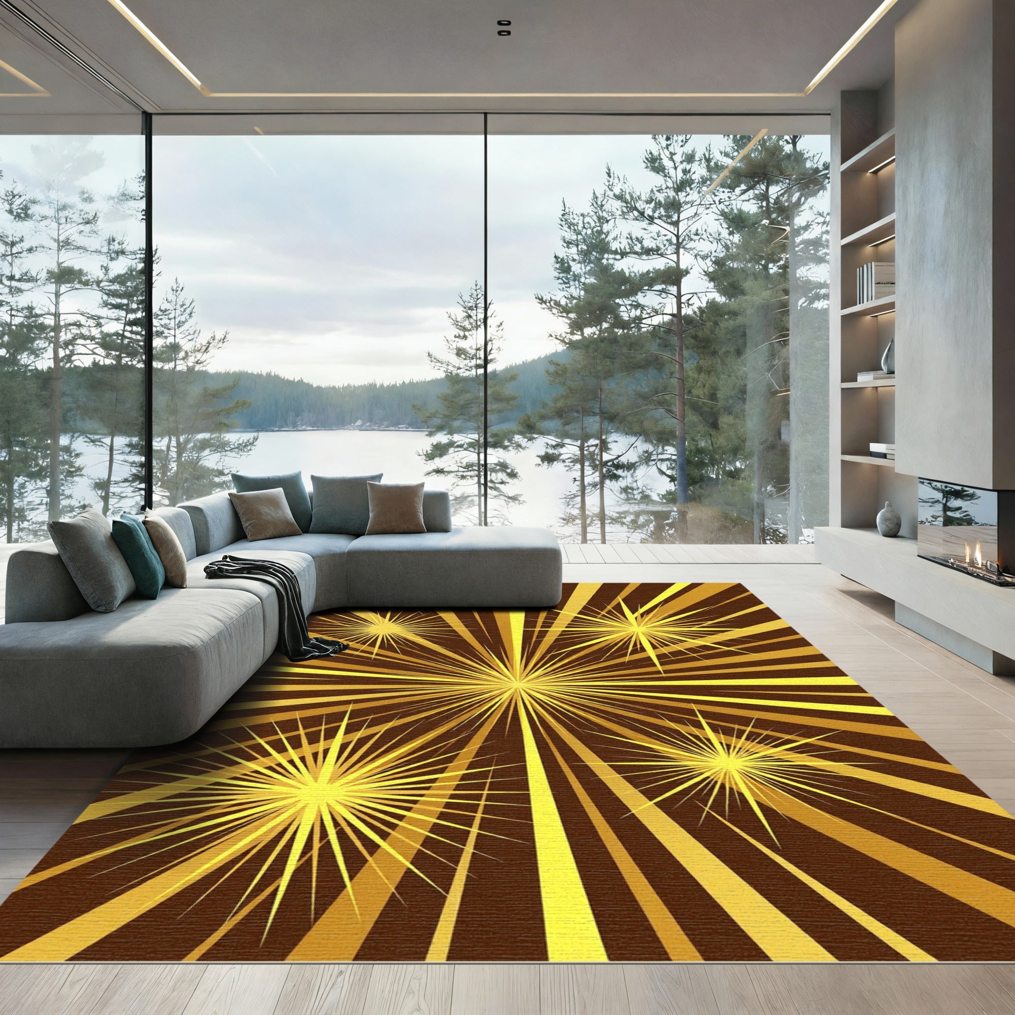 Radiant Golden Starburst Sunbeam Art Rug