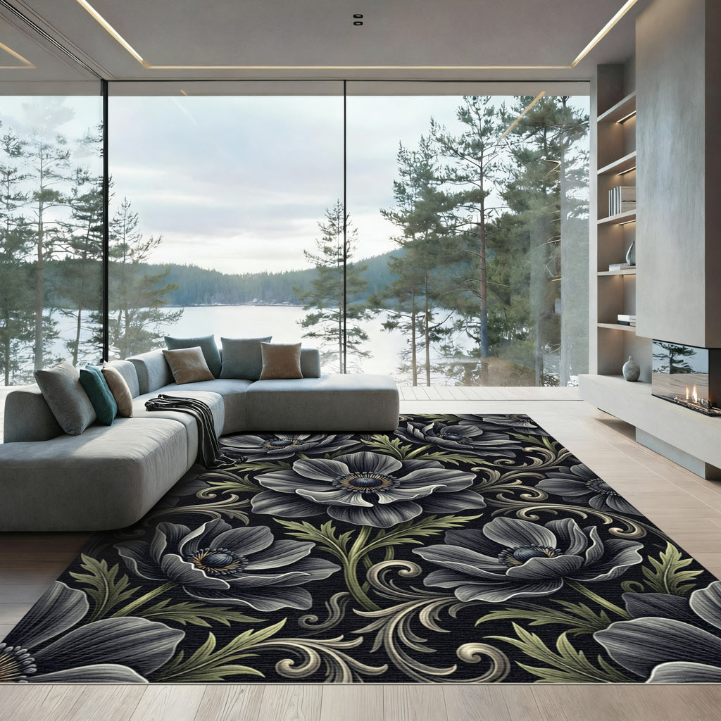 Dark Floral Scrollwork Anemone Rug