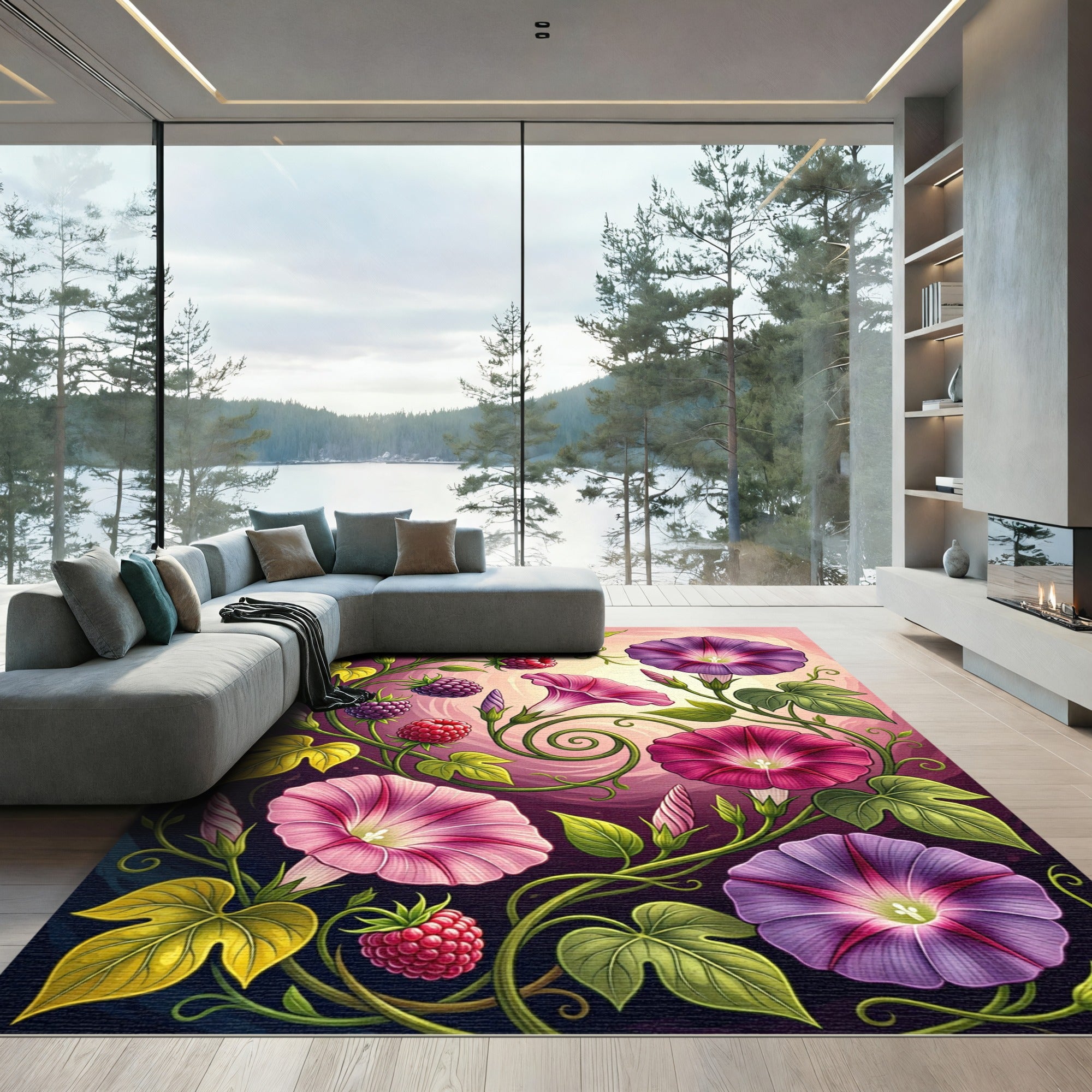 Vibrant Floral Morning Glory Berry Garden Rug
