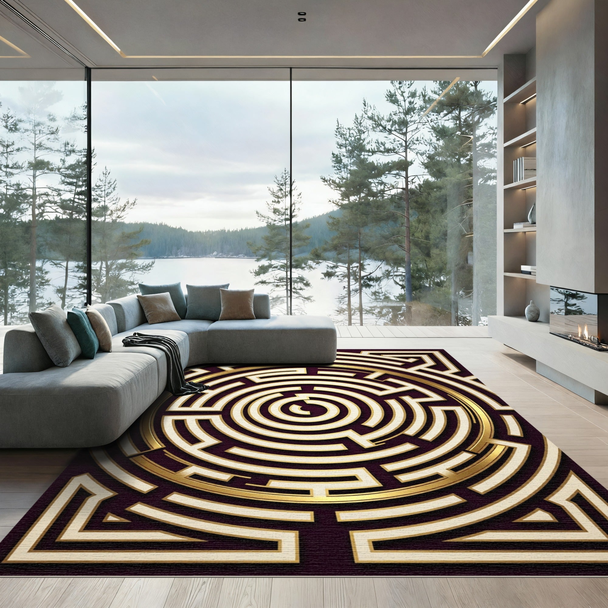 Golden Labyrinth Circular Geometric Art Rug