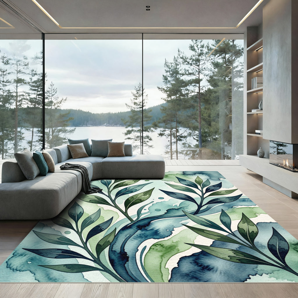 Lush Blue and Green Botanical Watercolor Rug