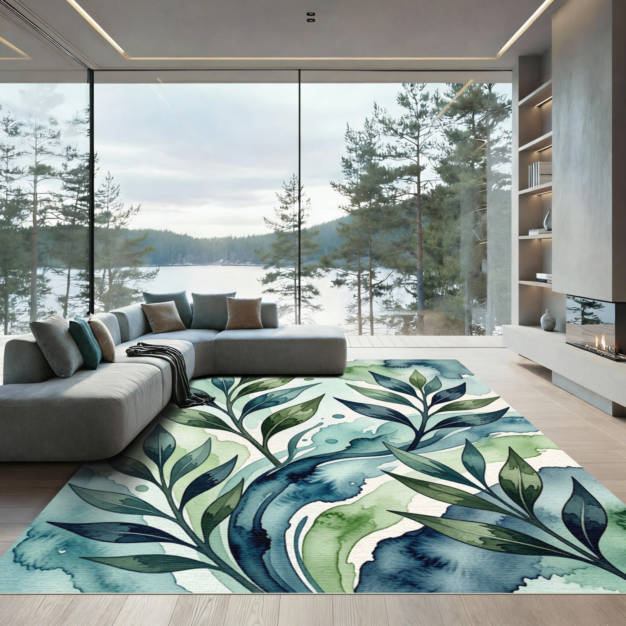 Lush Blue and Green Botanical Watercolor Rug