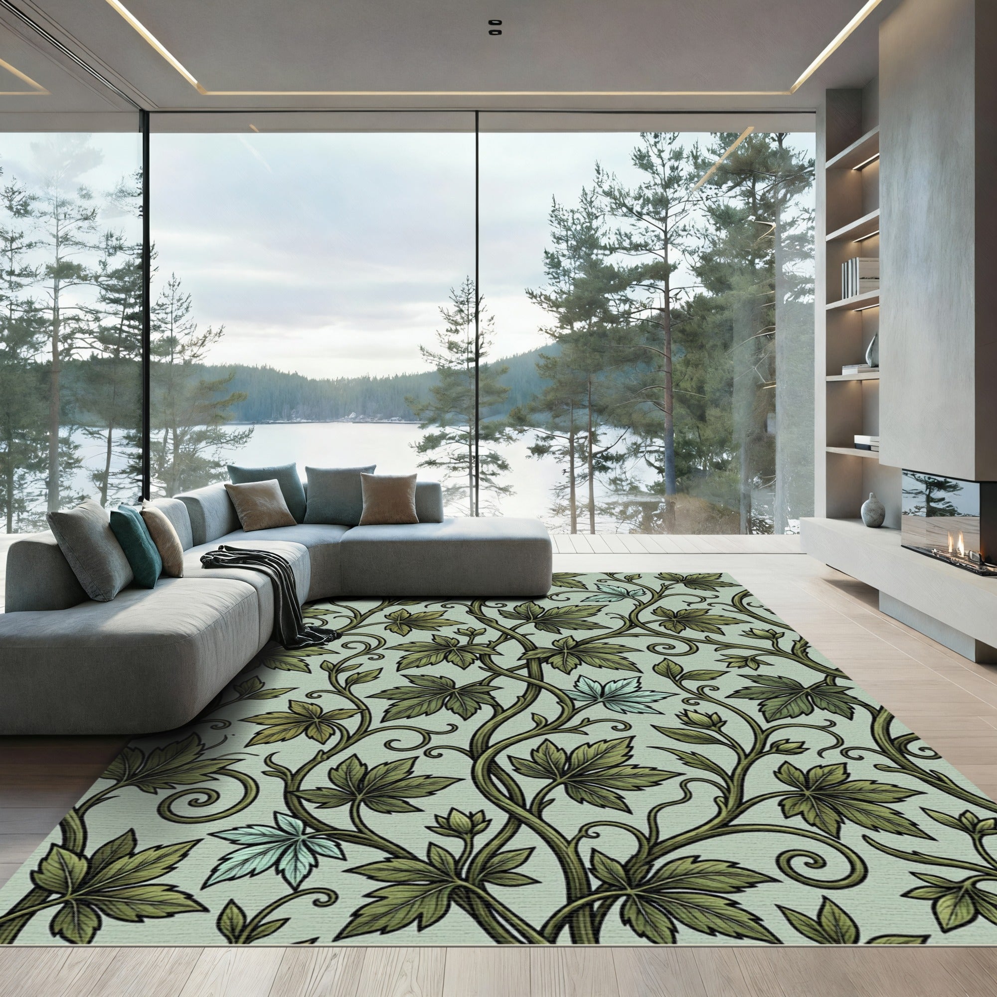 Green Vine Leaf Scrolling Botanical Rug