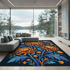 Vibrant Golden Chrysanthemum Floral Navy Rug
