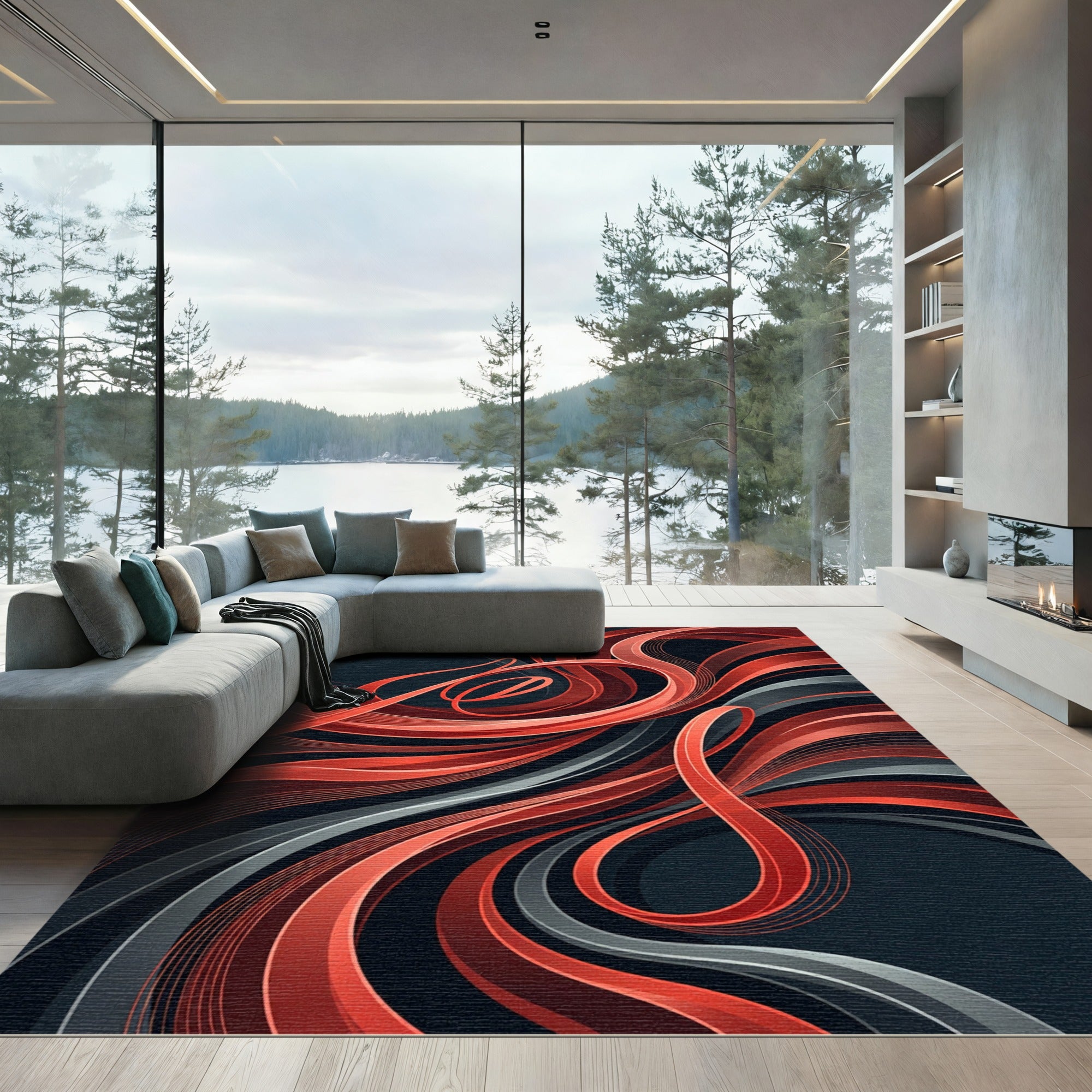 Modern Crimson Abstract Fluid Ribbon Art Rug