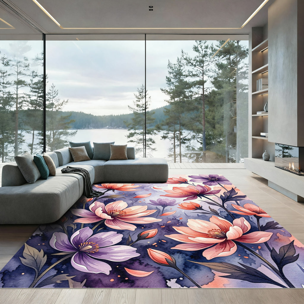 Watercolor Purple and Peach Floral Garden Rug