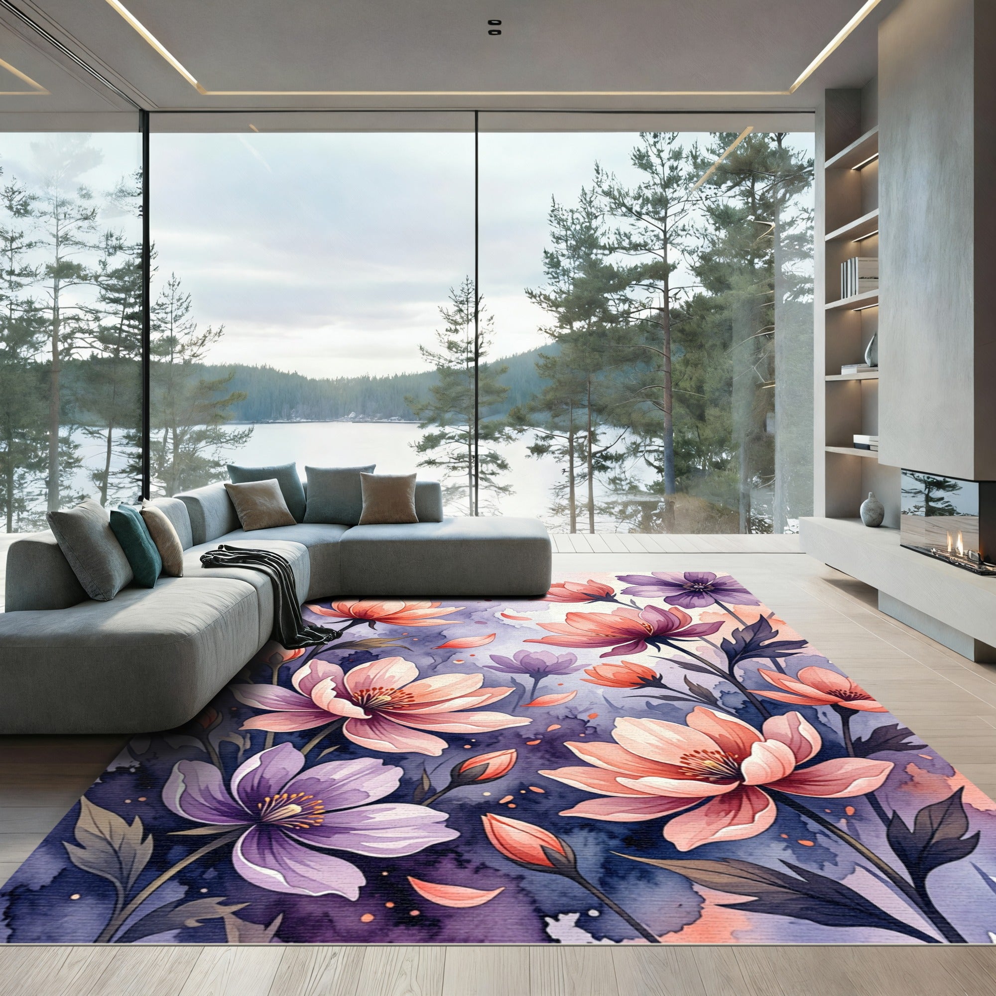 Watercolor Purple and Peach Floral Garden Rug