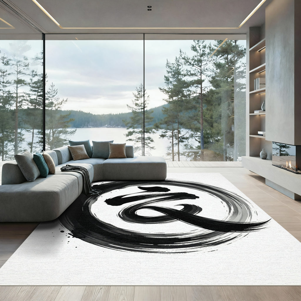 Bold Black Ink Brush Stroke Swirl Rug
