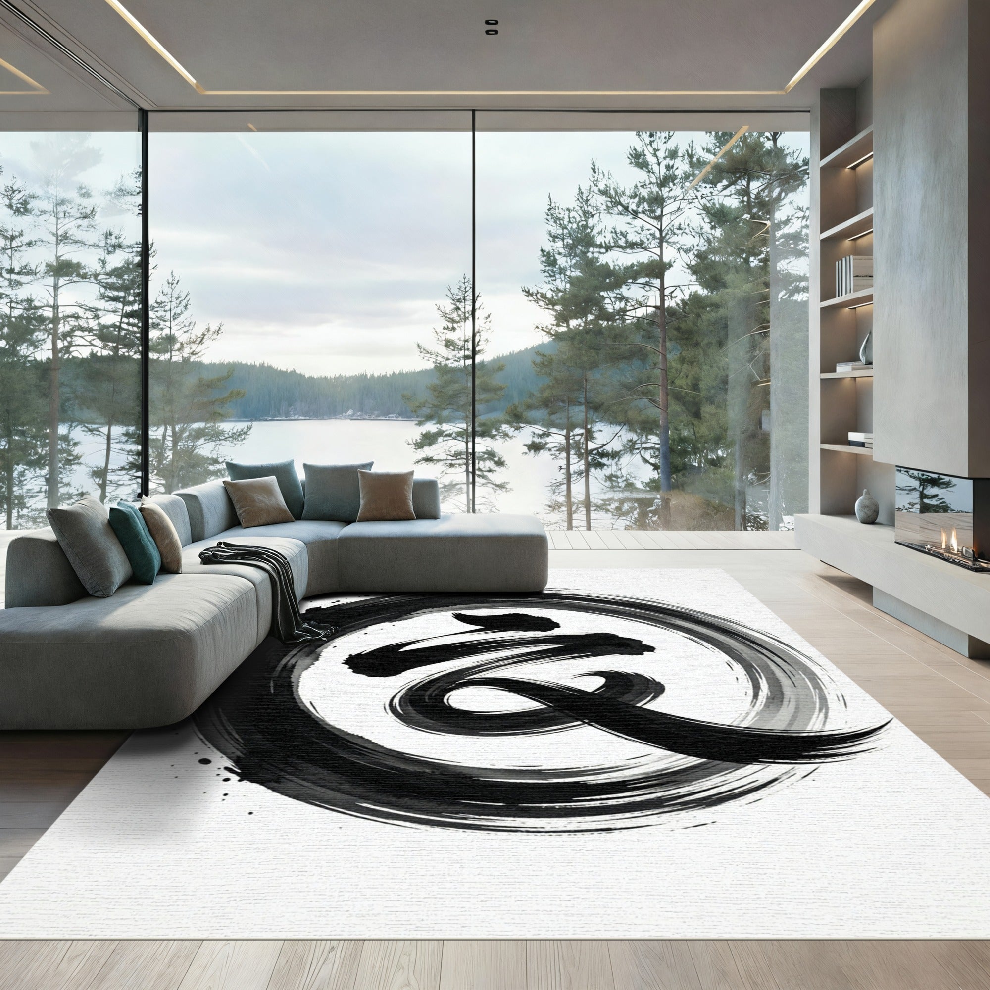 Bold Black Ink Brush Stroke Swirl Rug