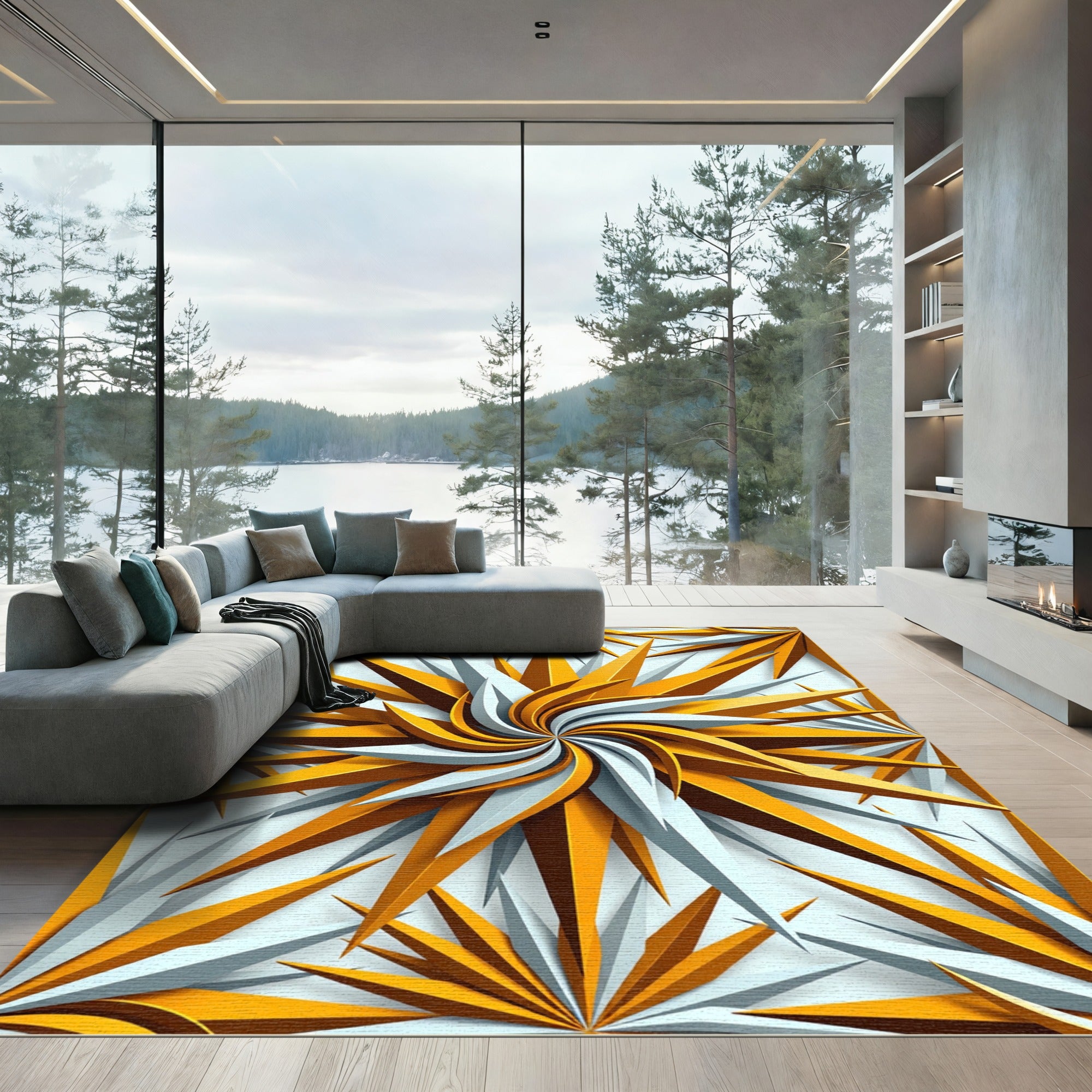 Golden Starry Swirl Geometric Accents Rug