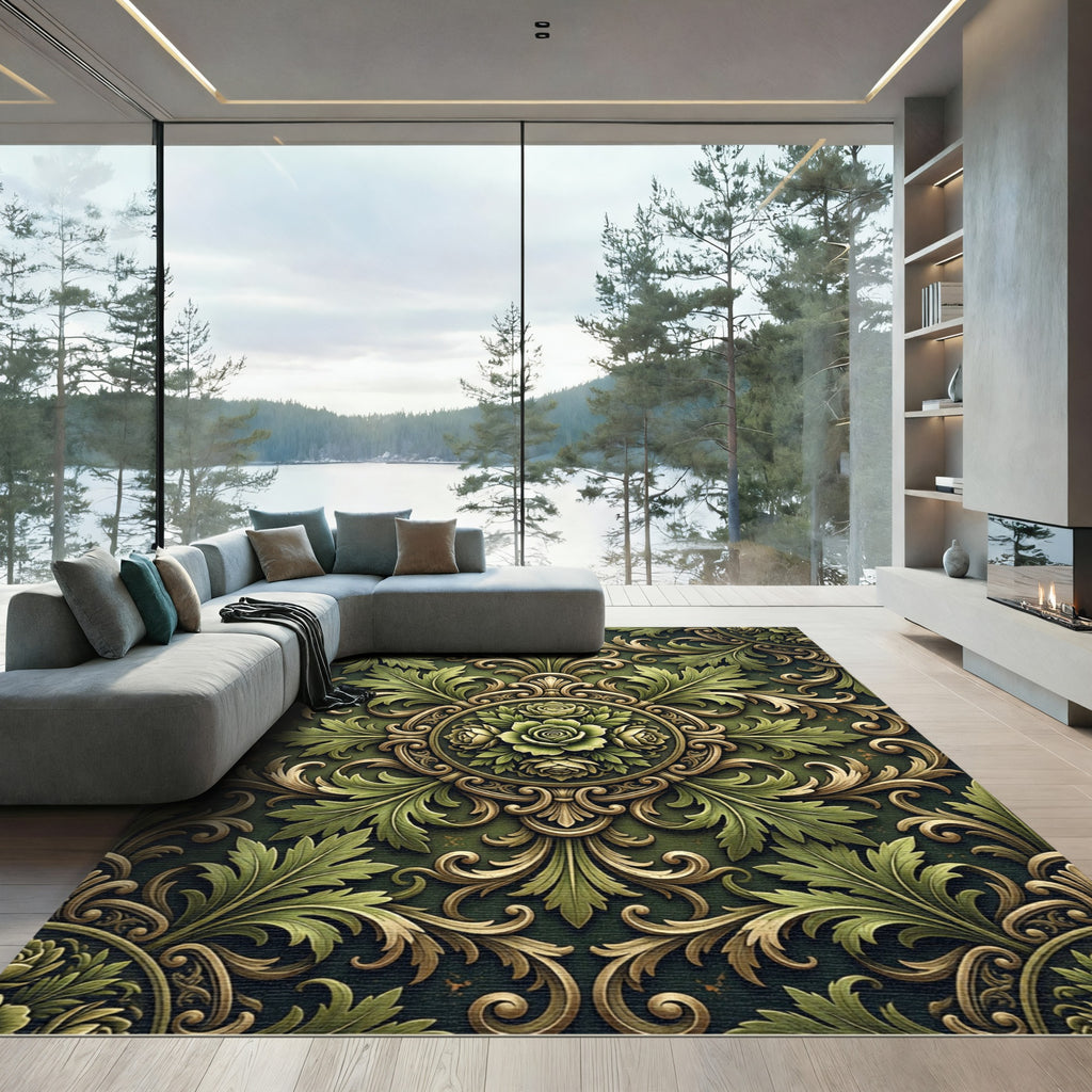 Elegant Olive Floral Damask Medallion Rug