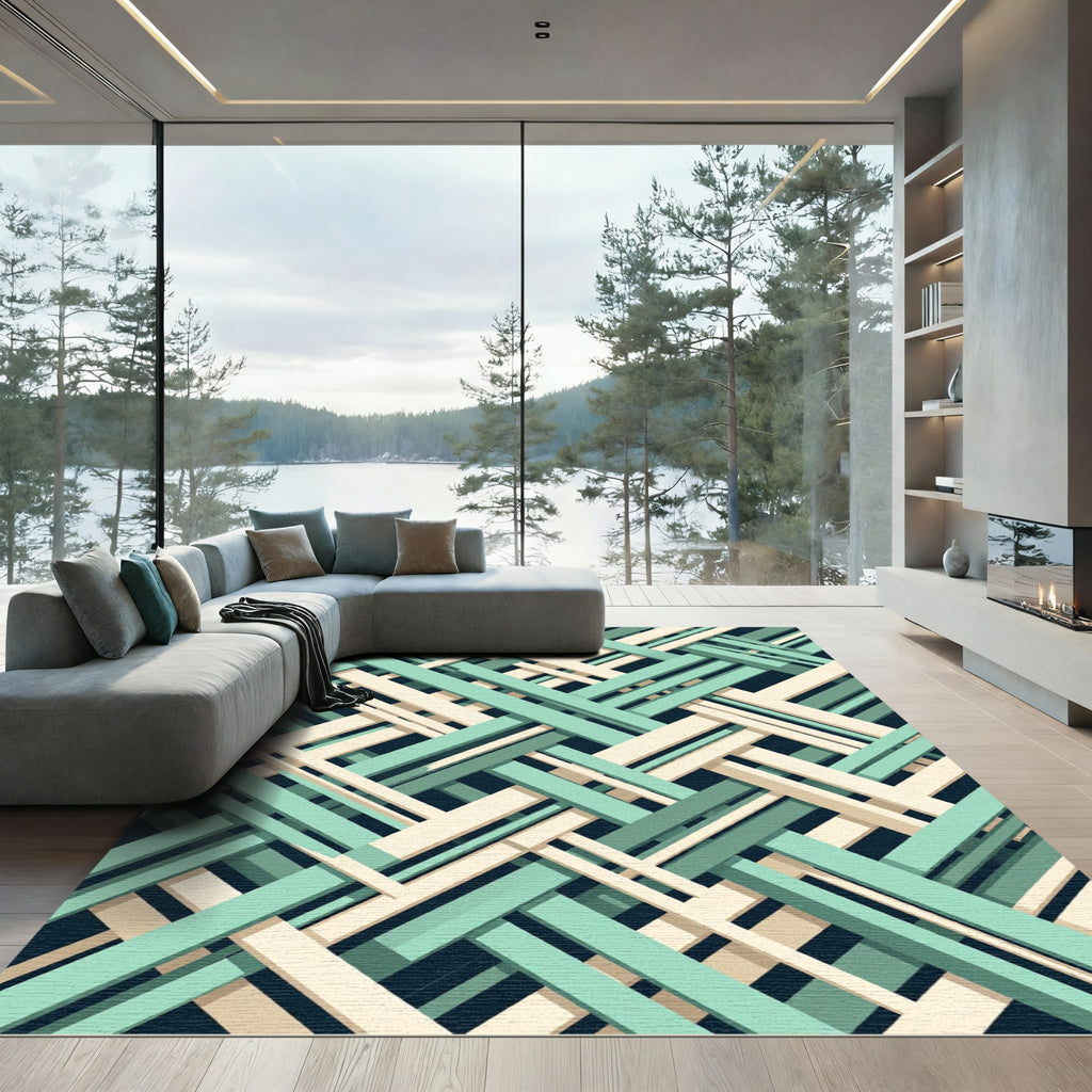 Geometric Sage and Cream Interwoven Grid Rug