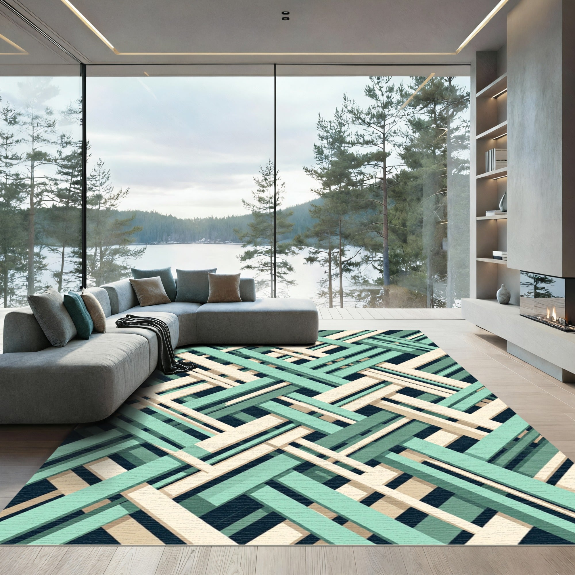 Geometric Sage and Cream Interwoven Grid Rug