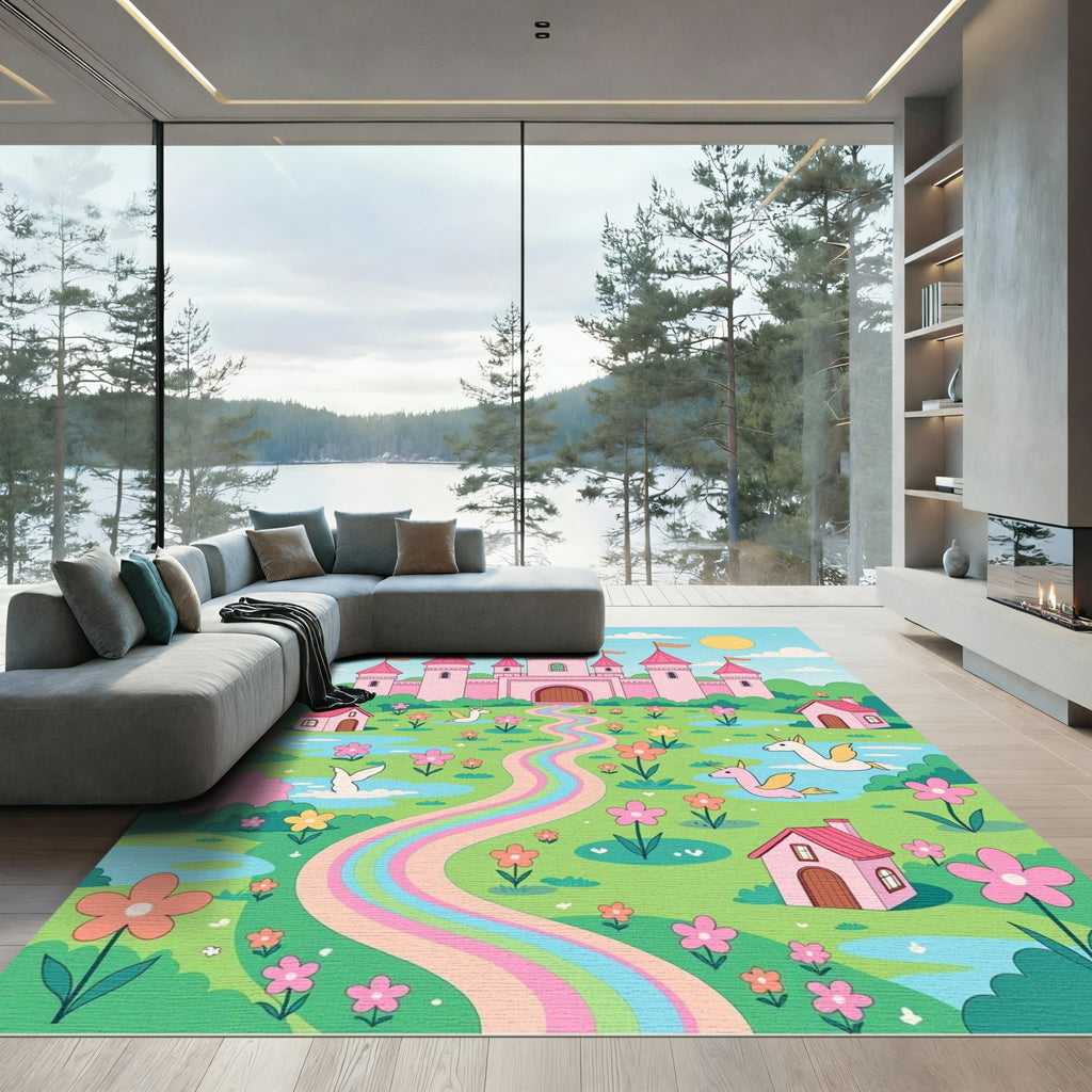 Whimsical Pink Castle Rainbow Unicorn Meadow Rug