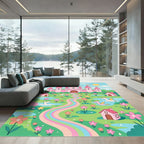 Whimsical Pink Castle Rainbow Unicorn Meadow Rug
