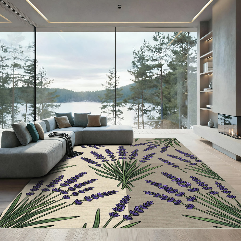 Earthy Beige Purple Lavender Botanical Rug