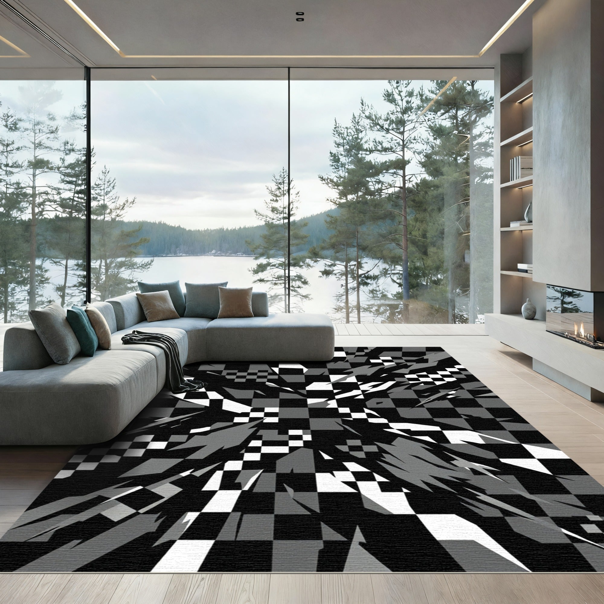 Black White Gray Shattered Checkered Rug