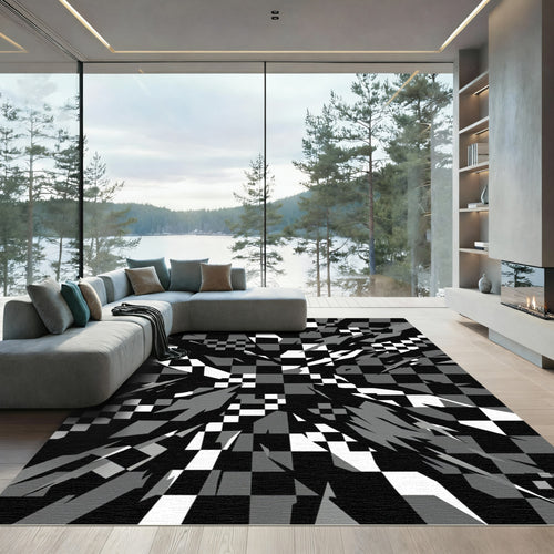 Black White Gray Shattered Checkered Rug