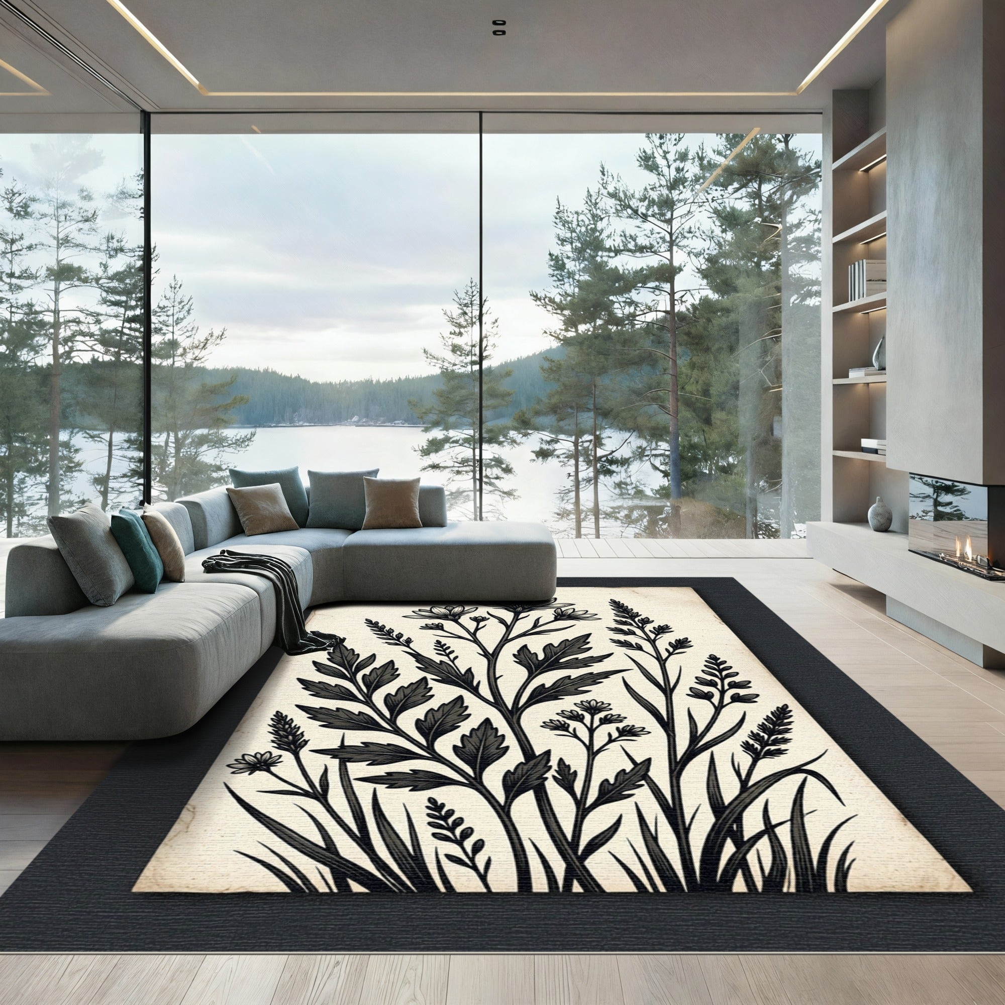 Vintage Black Botanical Floral Arrangement Rug