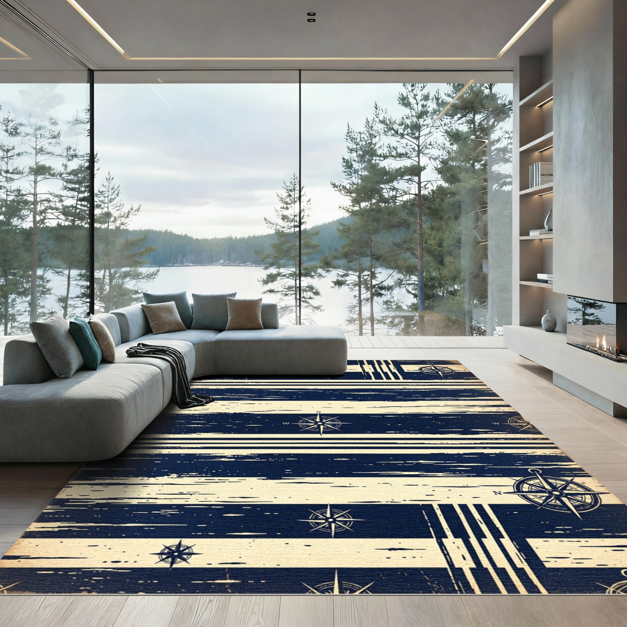 Navy Nautical Compass Striped Maritime Rug