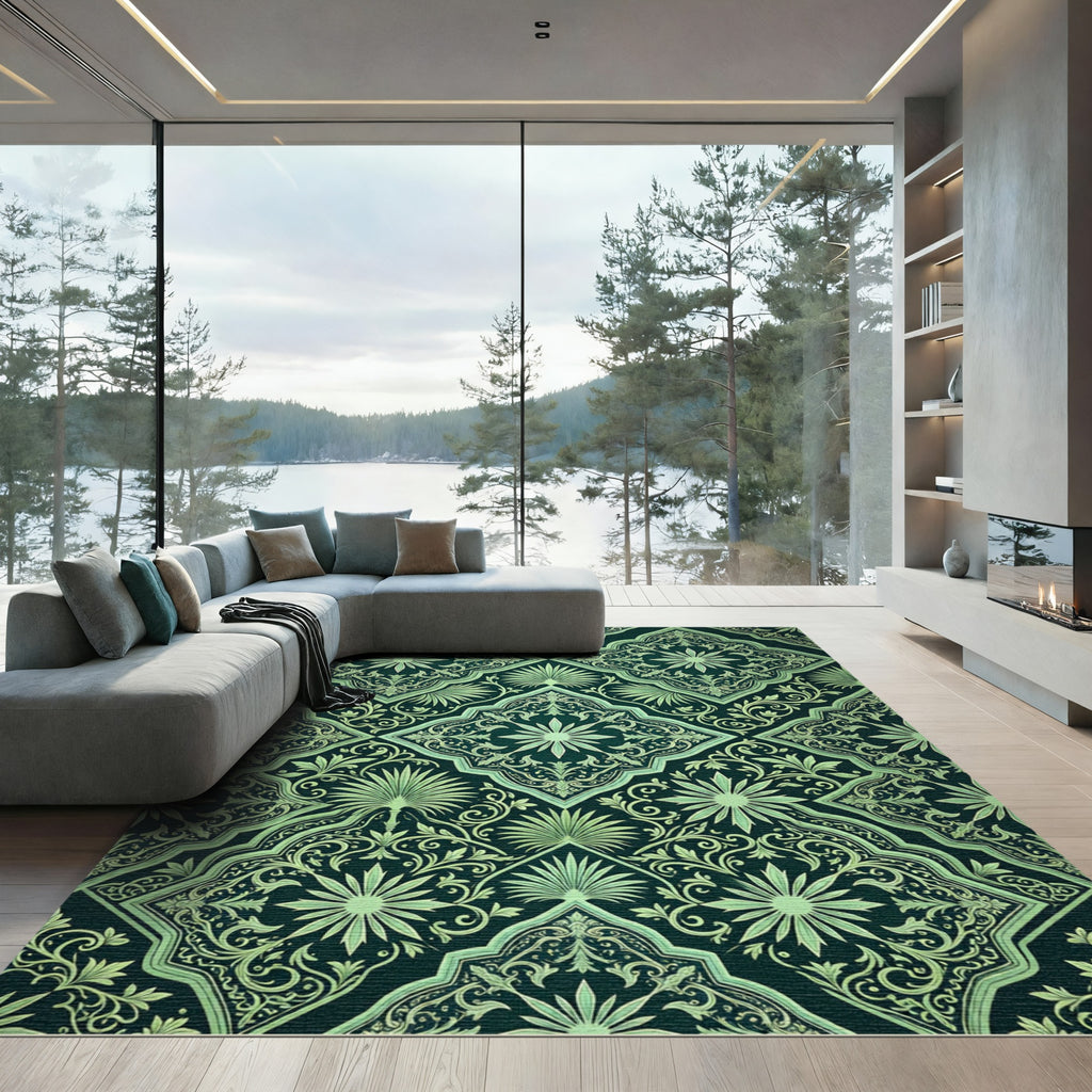Dark Green Floral Arabesque Medallion Rug