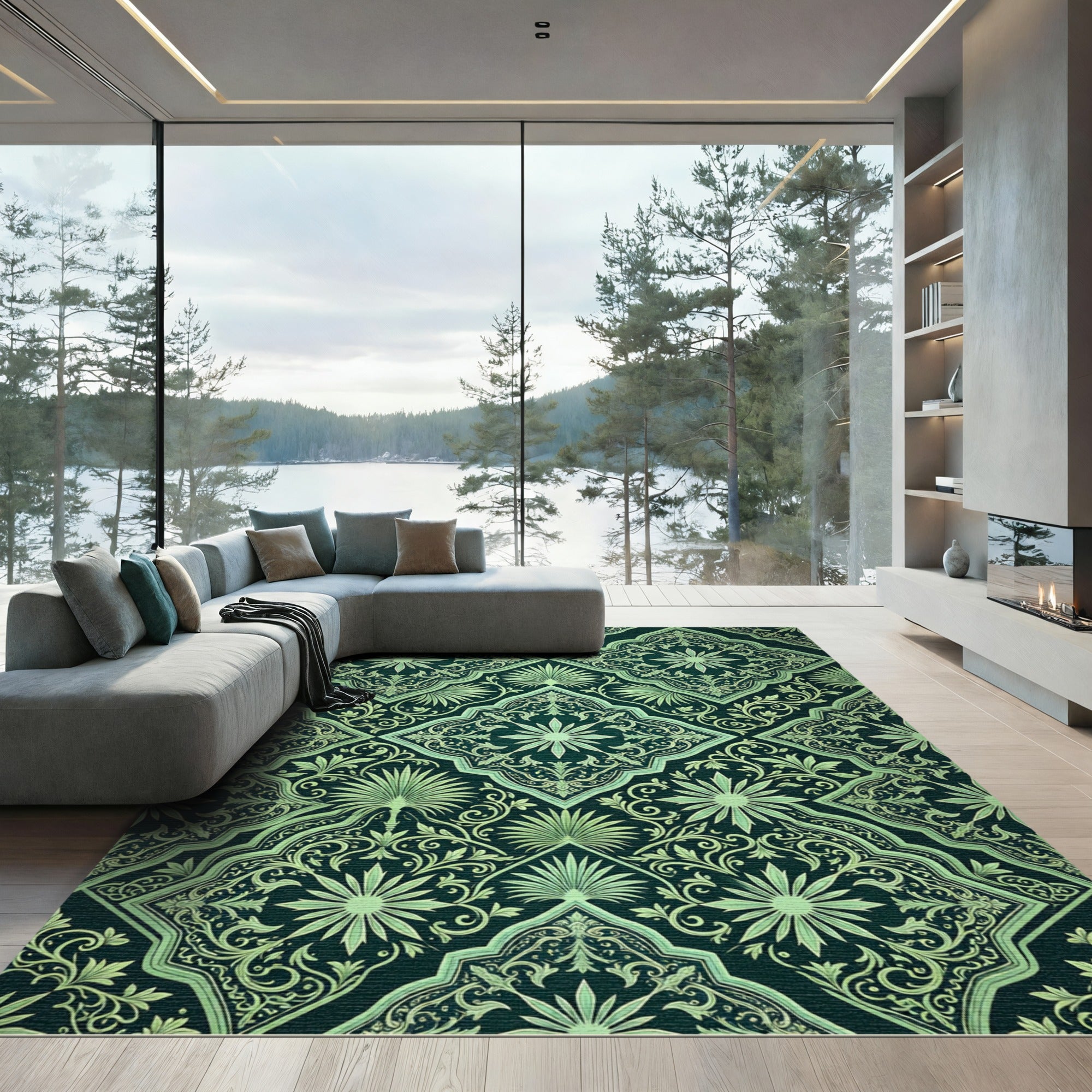 Dark Green Floral Arabesque Medallion Rug