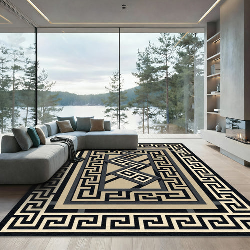 Black and Beige Geometric Greek Key Rug