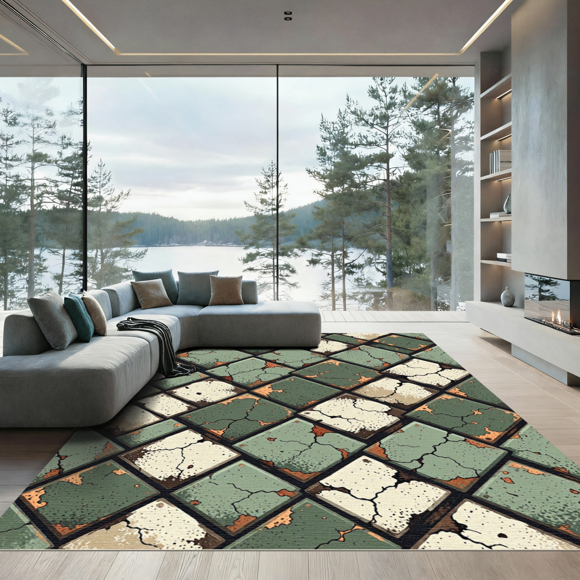 Distressed Sage Green Cracked Tile Mosaic Rug