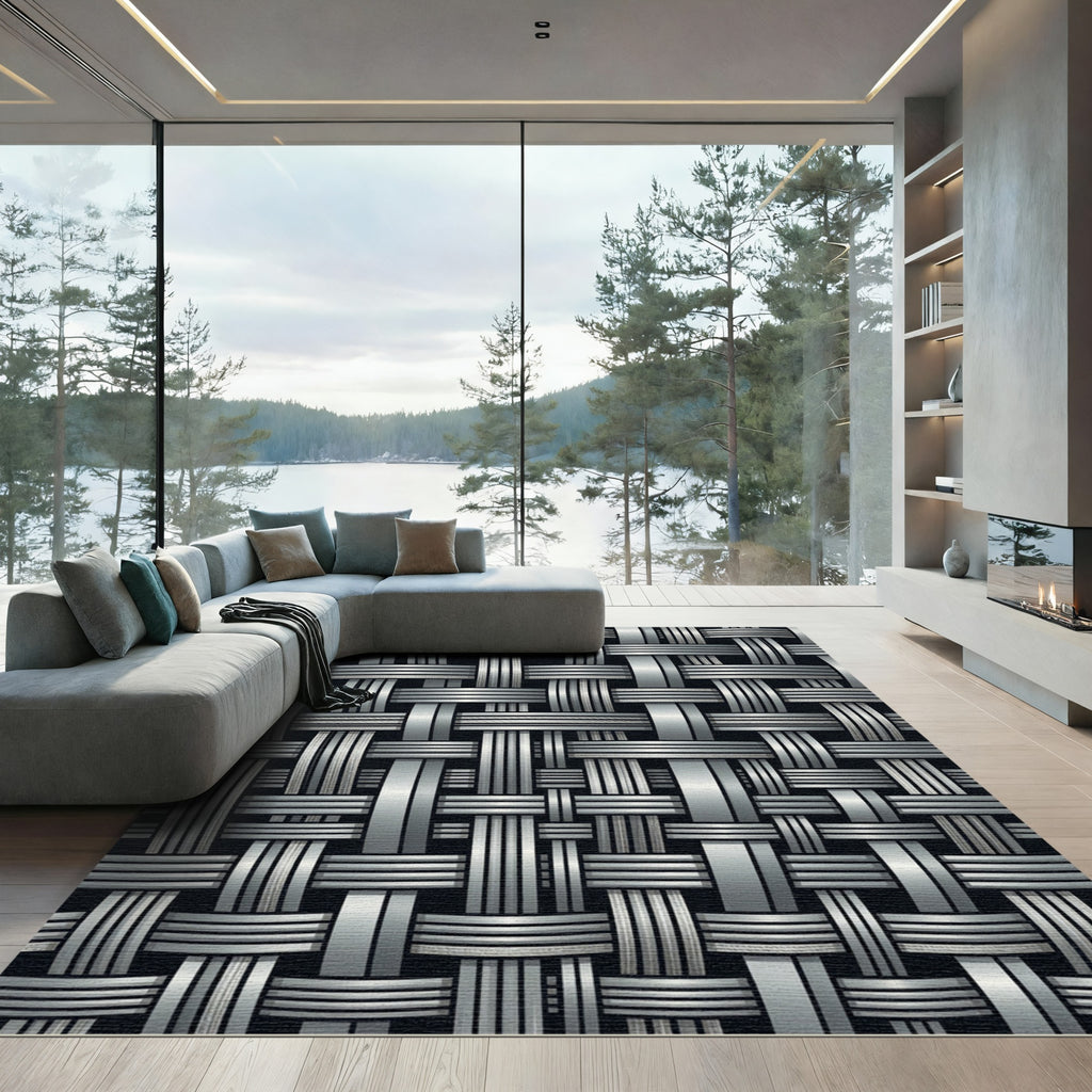 Metallic Silver Interwoven Geometric Grid Rug