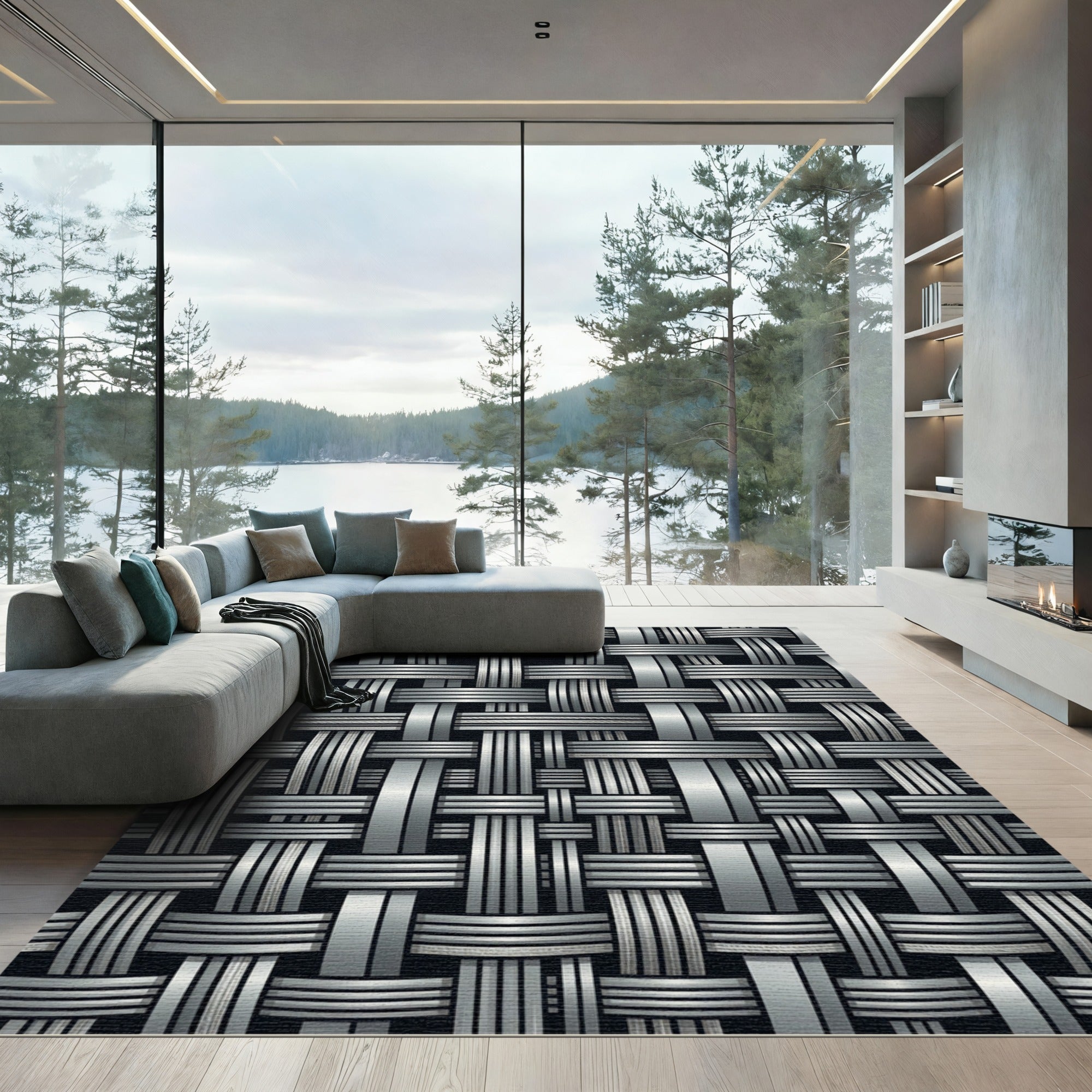 Metallic Silver Interwoven Geometric Grid Rug