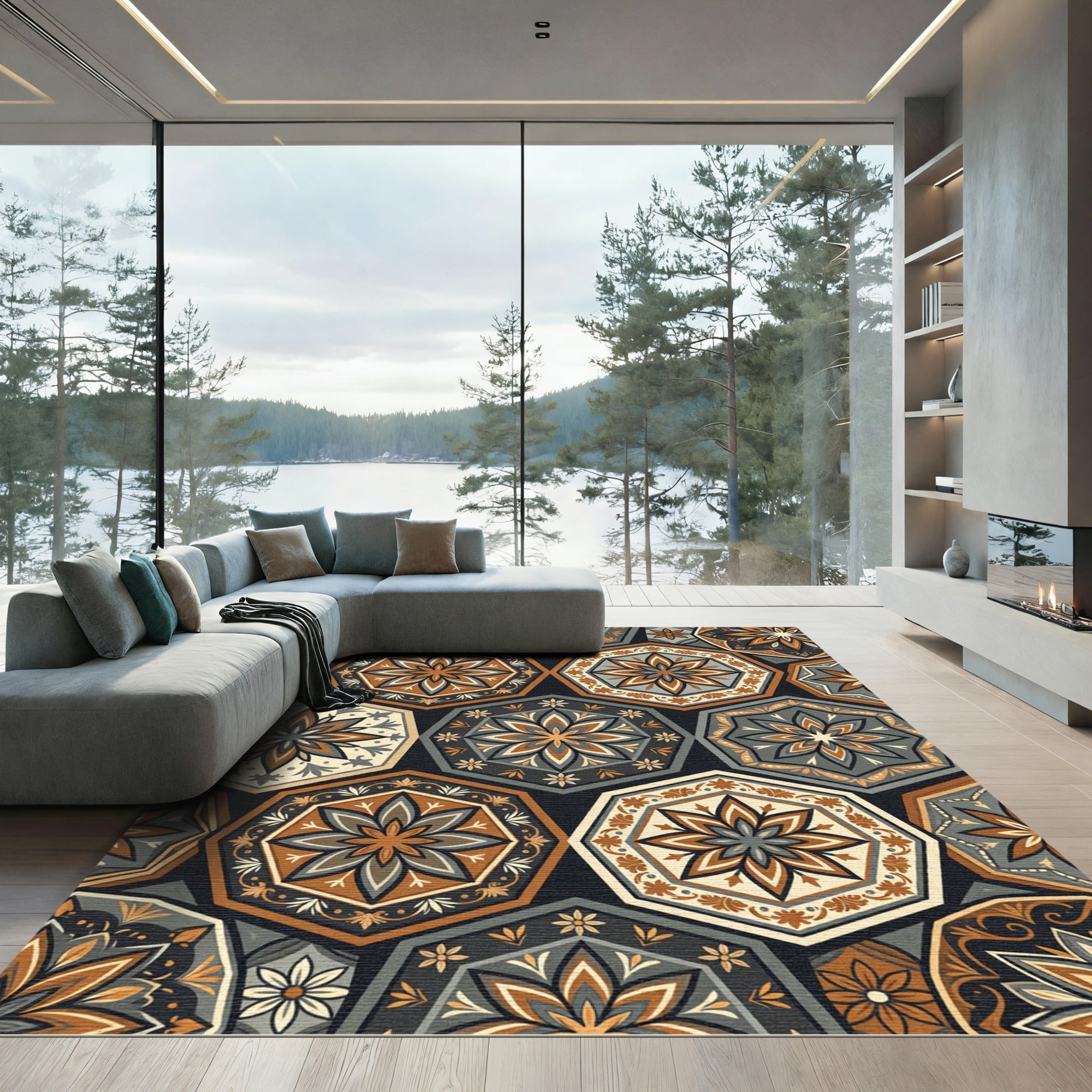 Earthy Geometric Floral Hexagon Mosaic Rug