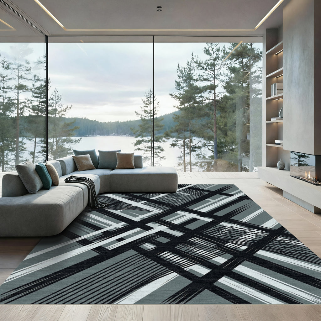 Monochromatic Abstract Geometric Linear Grid Rug