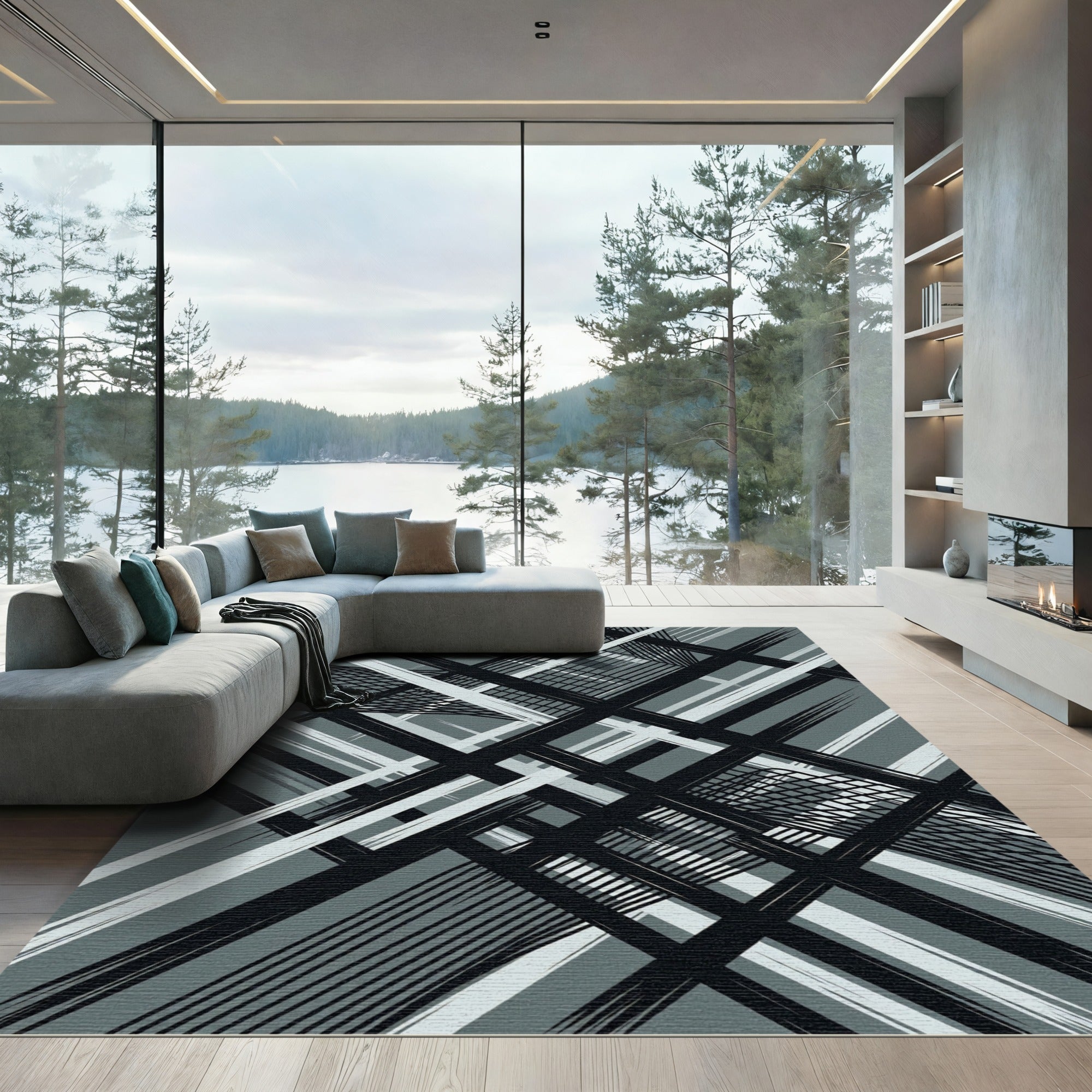 Monochromatic Abstract Geometric Linear Grid Rug