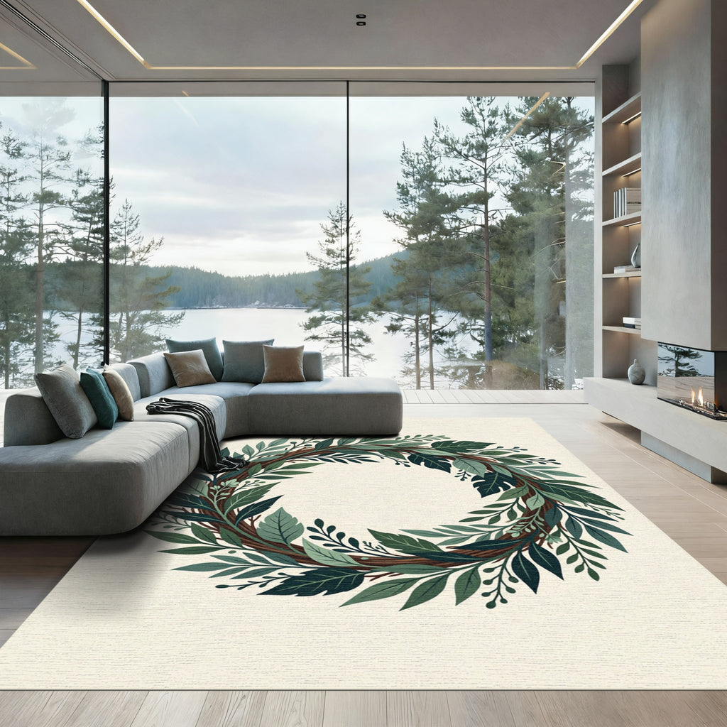 Lush Green Botanical Foliage Wreath Rug
