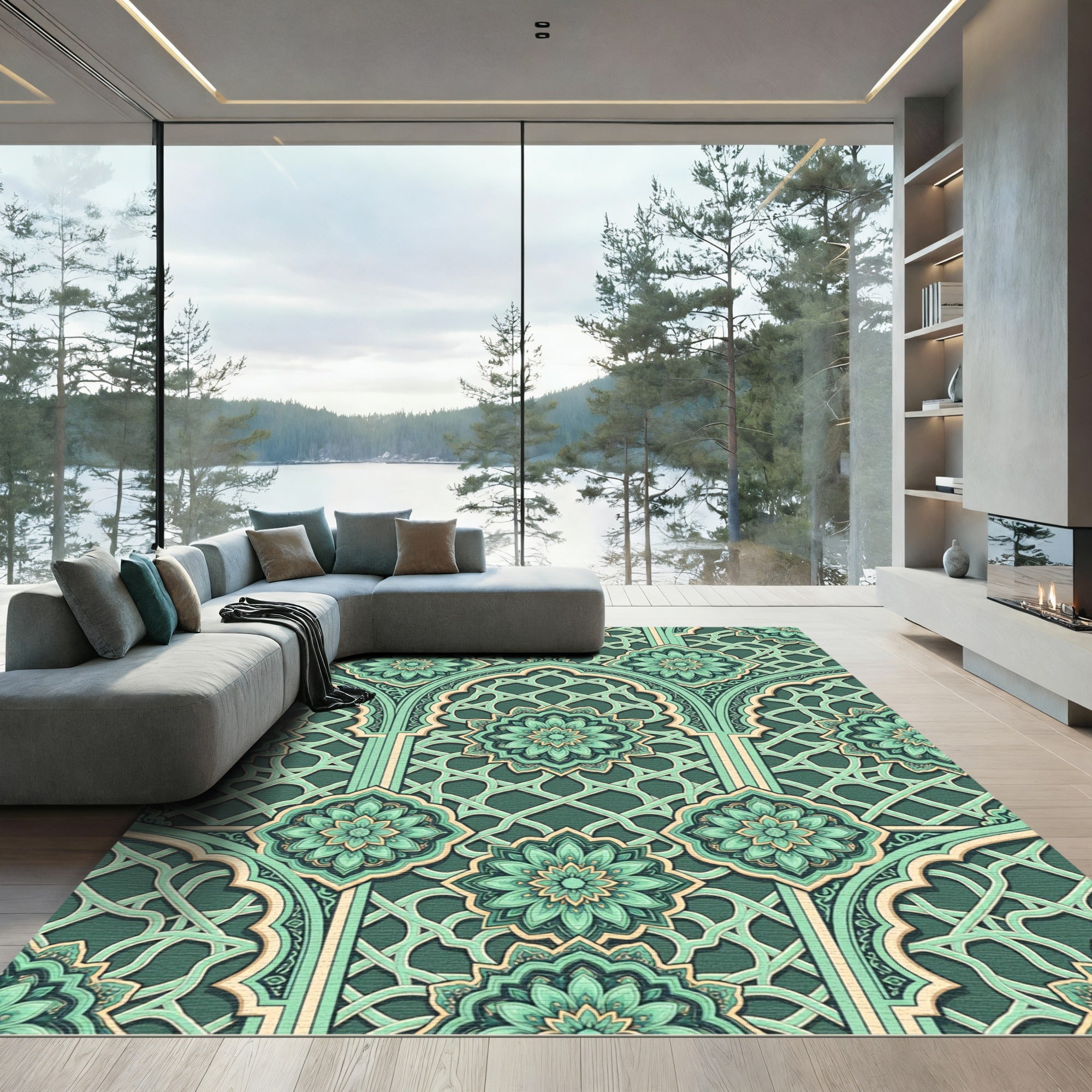 Teal And Beige Lattice Flower Rug
