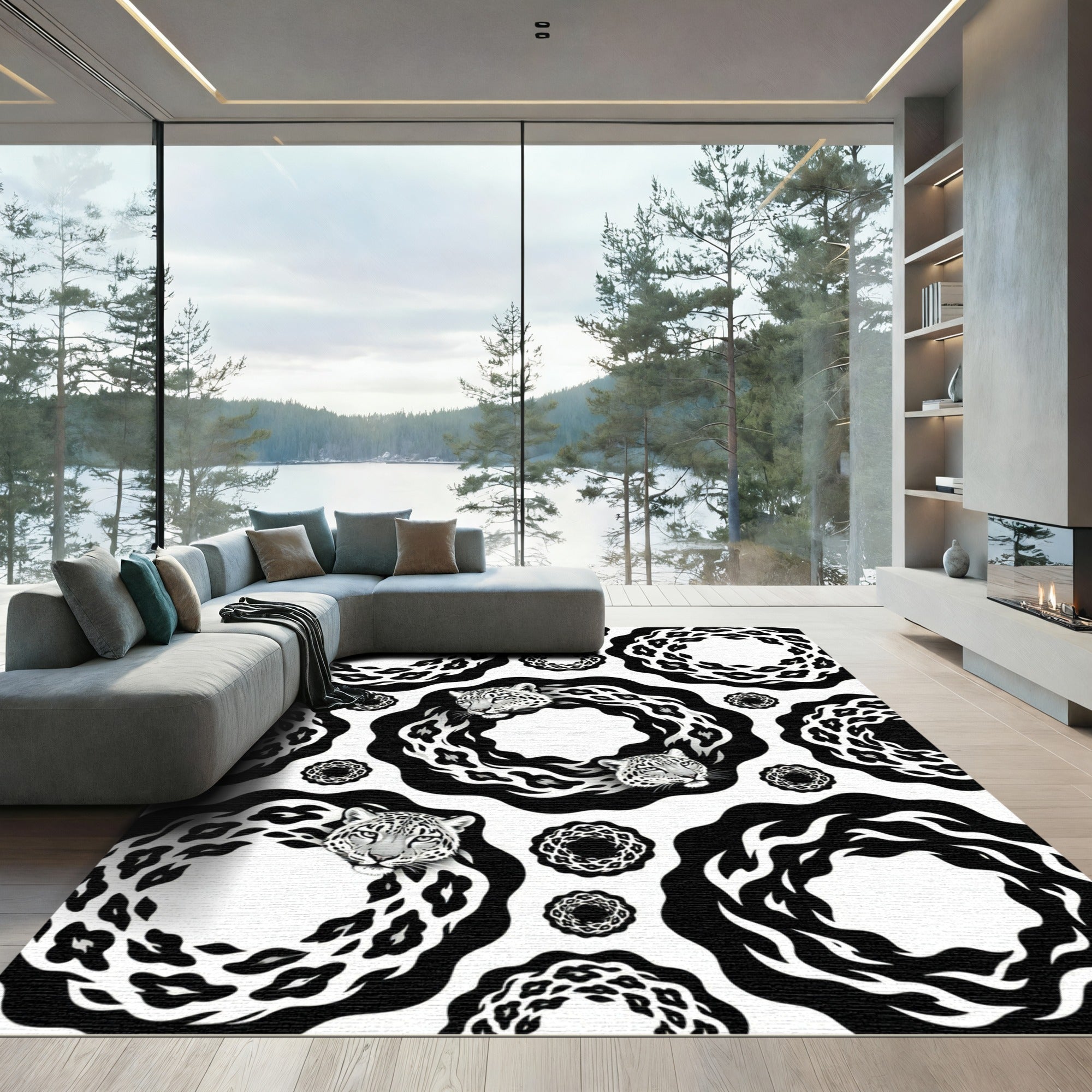 Monochromatic Leopard Abstract Circular Rug