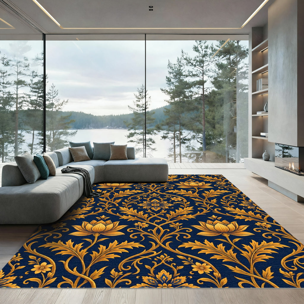 Elegant Gold Lotus Navy Damask Scroll Rug