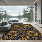 Elegant Gold Lotus Navy Damask Scroll Rug