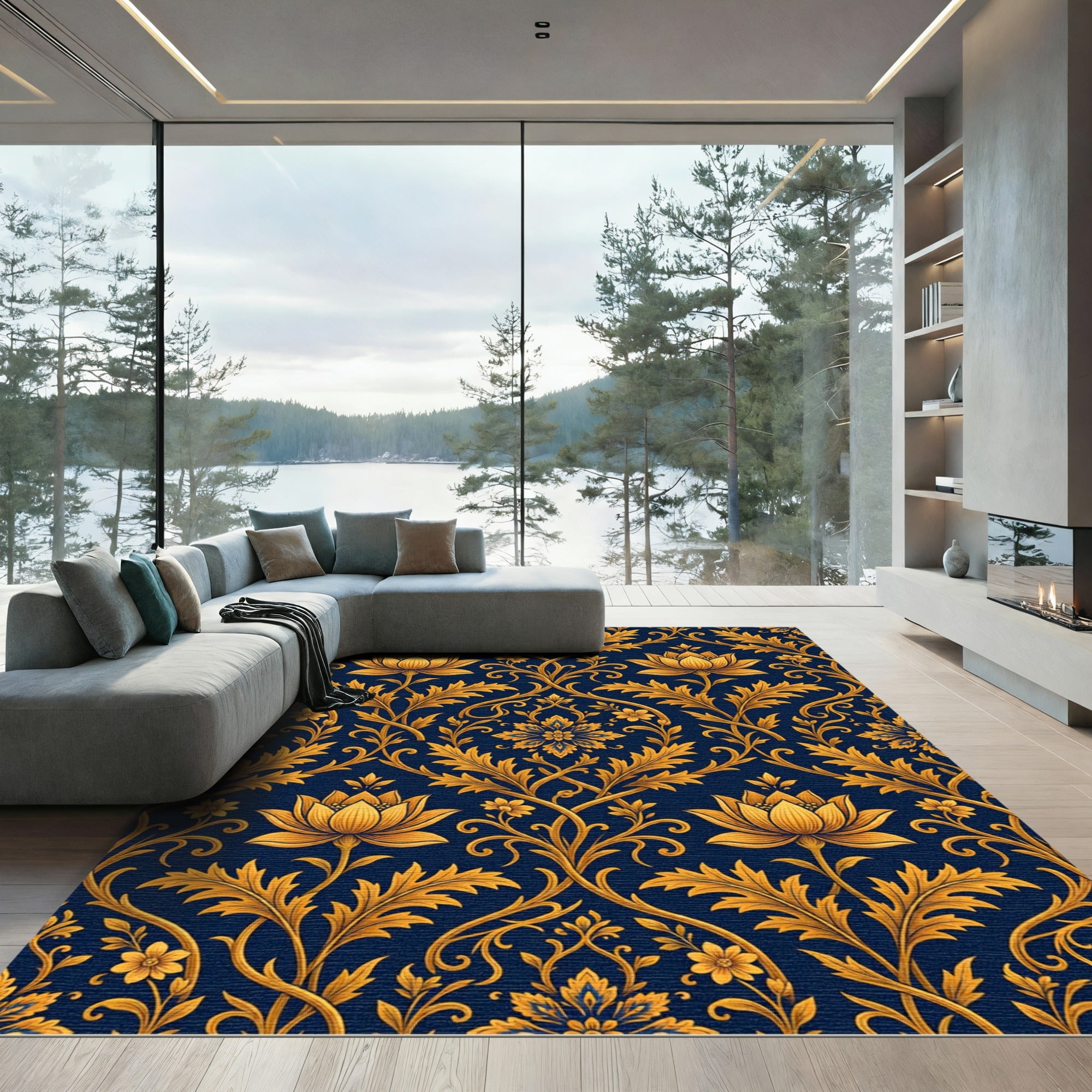Elegant Gold Lotus Navy Damask Scroll Rug